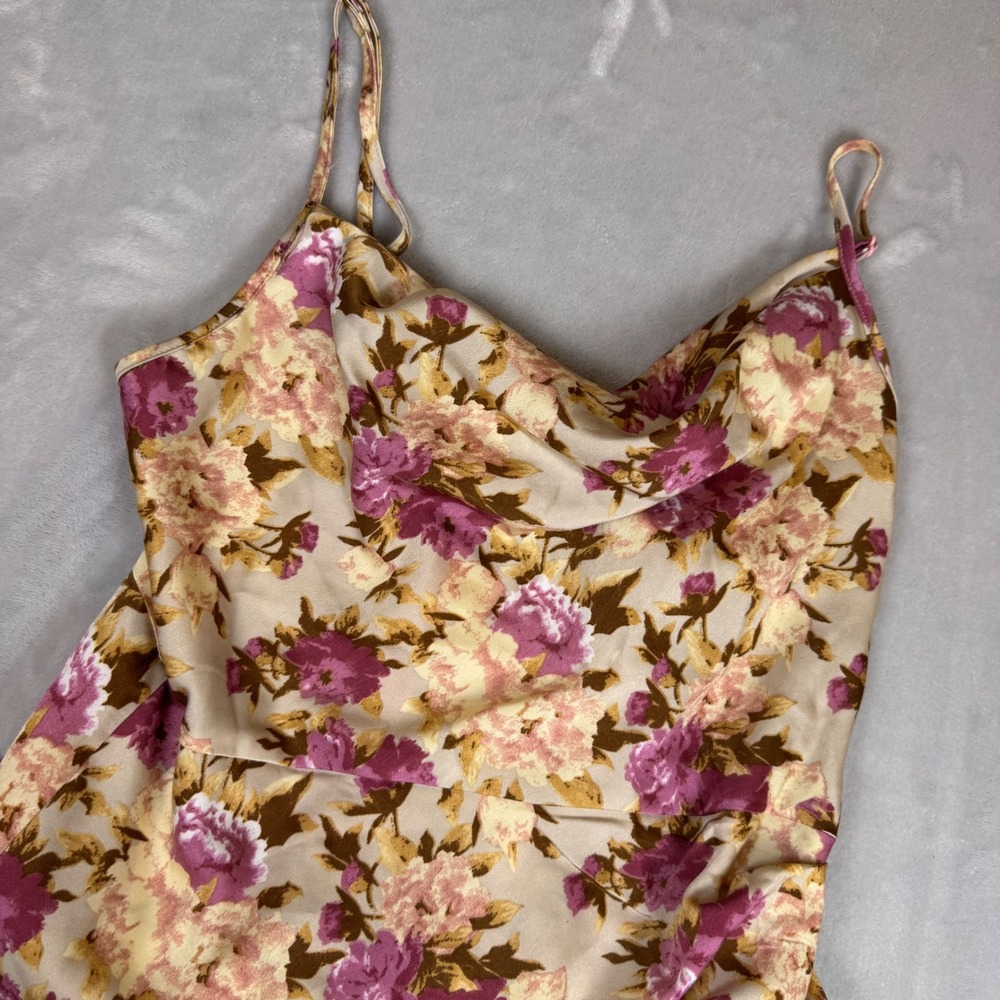 Floerns Cowl Neck Floral Dress Womens L Brown/Pink Sleeveless Ruched Midi NWT